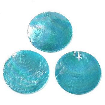 Spray Painted Natural Capiz Shell Pendants, Disc Charms, AB Color, Cyan, 39.5~40x1~2mm, Hole: 1.2~1.4mm