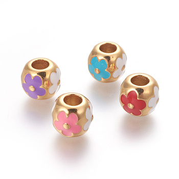 304 Stainless Steel European Beads, Ion Plating (IP), with Enamel, Large Hole Beads, Round with Flower, Golden, Mixed Color, 11x9.5mm, Hole: 4.7mm