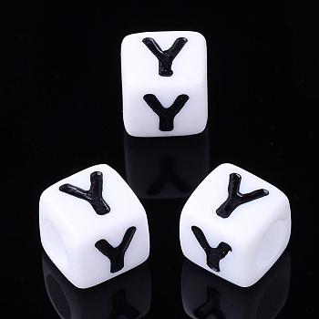 Acrylic Horizontal Hole Letter Beads, Letter Y, Cube, White, about 7mm wide, 7mm long, 7mm high, hole: about 3.5mm, about 2000pcs/500g