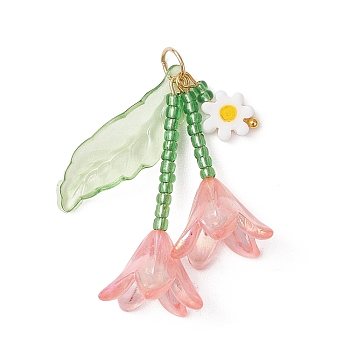 Glass Seed Beaded Pendants, Lily Flower Charm, with Acrylic Leaf & 304 Stainless Steel, Golden, Light Salmon, 37x7.5~16.5x3~16.5mm, Jump Ring: 5.8x0.8mm, Inner Diameter: 4.5mm
