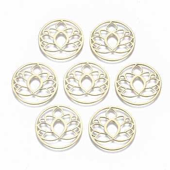 304 Stainless Steel Filigree Joiners Links, Laser Cut, Lotus, Real 14K Gold Plated, 25.5x1mm