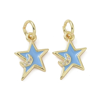 Brass Micro Pave Cubic Zirconia Pendants, with Enamel and Jump Ring, Star Charms, Light Blue, 15.5x11x2mm, Hole: 4mm