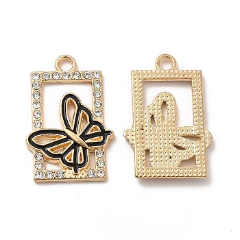 Alloy Enamel Pendants, with Crystal Rhinestone, Rectangle with Butterfly Charm, Light Gold, 26x17x1.5mm, Hole: 2.5mm