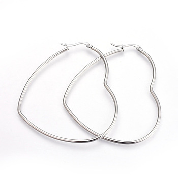 201 Stainless Steel Hoop Earrings, with 304 Stainless Steel Pin, Heart, Stainless Steel Color, 55x48x2mm, 12 Gauge, Pin: 1mm
