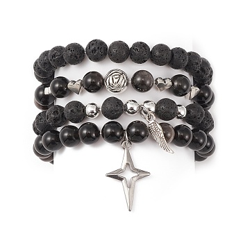 4Pcs 4 Style Natural Silver Obsidian & Lava Rock Stretch Bracelets Set, 304 Stainless Steel Wing & Star Charms Stackable Bracelets wtih Alloy Rose Beaded, Inner Diameter: 2-1/4 inch(5.6cm), 1Pc/style