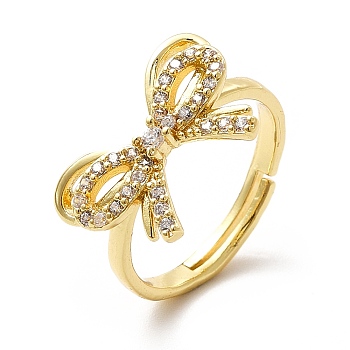 Clear Cubic Zirconia Bowknot Adjustable Ring, Brass Jewelry for Women, Real 18K Gold Plated, US Size 7 3/4(17.9mm)