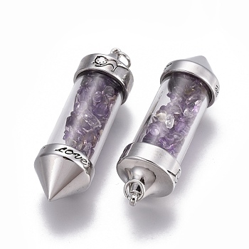 Natural Amethyst Big Pointed Pendants, Dowsing Pendulum Pendants Making, with Brass Findings, Bullet, Antique Silver, 57x17mm, Hole: 4mm