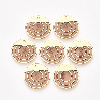 Epoxy Resin Pendants, with Alloy Findings, Flat Round, Golden, Dark Salmon, 23x2mm, Hole: 1.6mm