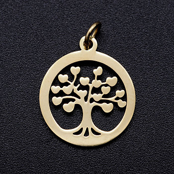 304 Stainless Steel Pendants, with Unsoldered Jump Rings, Flat Round with Tree of Life, Golden, 19x16x1mm, Jump Ring: 5x1mm, 3mm inner diameter.