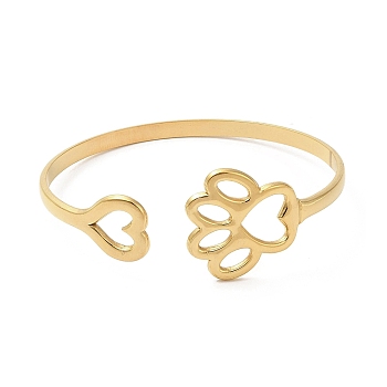 Ion Plating(IP) Hollow Dog Paw Print & Heart 304 Stainless Steel Cuff Bangles for Women, Real 18K Gold Plated, Inner Diameter: 2-1/4 inch(5.8cm)