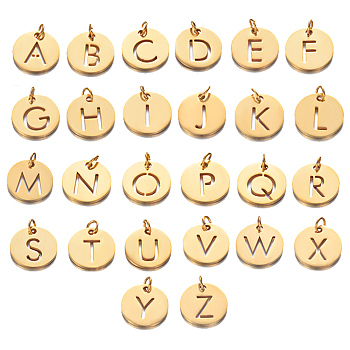 304 Stainless Steel Charms, Flat Round with Alphabet, Letter A~Z, 12x1mm, Hole: 2.5mm, 1pc/letter, 26letters