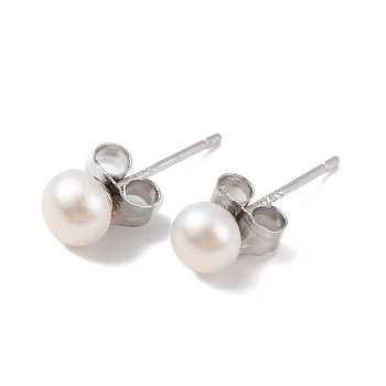 Natural Pearl Round Bead Stud Earrings, with Real Platinum Plated 925 Sterling Silver Findings, White, 14x4~5mm