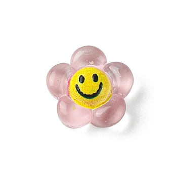Translucent Resin Cabochons, Flower with Smiling Face, Pink, 9x9x3.3mm