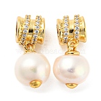 Rack Plating Brass Micro Pave Clear Cubic Zirconia Pendants, with Natural Pearl, Large Hole Pendants, Cadmium Free & Lead Free, Round, Real 18K Gold Plated, 21~21.5mm(X-KK-M258-11G)