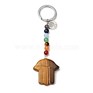 Natural Tiger Eye Chakra Keychain, with Iron Split Key Rings and Flat Round Alloy Charms, Hamsa Hand, 11.5cm(KEYC-F034-01D)