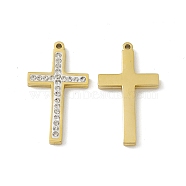 Vacuum Plating 201 Stainless Steel Pendants, with Rhinestone, Cross Charm, Real 18K Gold Plated, 21x11.5x2mm, Hole: 1mm(STAS-J401-VC643)