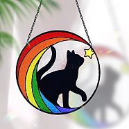 Moon with Cat Stained Acrylic Window Planel with Chain, for Suncatchers Window Home Hanging Ornaments, Colorful, 160x160mm(STGL-PW0001-19)