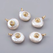 Natural Cultured Freshwater Pearl Pendants, with Cubic Zirconia and Brass Findings, Long-Lasting Plated, Flat Round, Real 18K Gold Plated, 14~21x9~16x5~9mm, Hole: 1.5mm(PEAR-F008-20G)