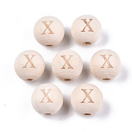 Unfinished Natural Wood European Beads, Large Hole Beads, Laser Engraved Pattern, Round with Word, Letter.X, 15~16x14~15mm, Hole: 4mm(WOOD-S045-143A-01X)