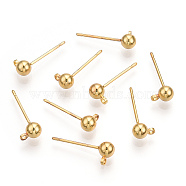 Brass Stud Earring Findings, with Loop, Nickel Free, Real 18K Gold Plated, 15mm, Hole: 1.2mm, Ball: 4mm in diameter, Pin: 0.7mm(X-KK-I649-10G-NF)