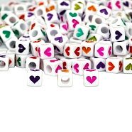 White Opaque Acrylic Beads, Cube with Mixed Color Heart Pattern, 7x7mm, Hole: 4mm(OACR-TAC0002-03)