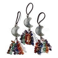 Moon Natural Labradorite Pendant Decorations, Nylon Cord and Gemstone Chip Tassel Hanging Ornaments, 150~155mm(HJEW-R127-01I)
