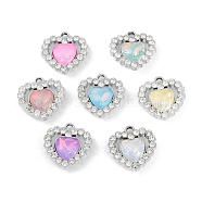 UV Plating Alloy with Mixed Color Glass Rhinestone Pendants, Cadmium Free & Lead Free, Heart, Platinum, 16x16x5mm, Hole: 2mm(FIND-M018-37P)