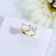 Natural Freshwater Pearl with Natural Shell Cuff Rings, Golden, Cat Shape, Inner Diameter: 15~19mm(WGACE42-05)