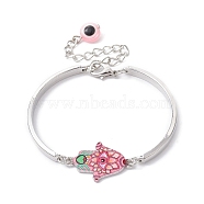 Alloy Bangles, Hamsa Hand with Evil Eye Link Bracelets for Women, Pink, 5-1/4 inch(13.2cm)(BJEW-JB09986-05)
