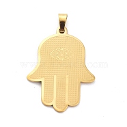 304 Stainless Steel Pendants, Hamsa Hand/Hand of Miriam Charm, Golden, 37.5x29x1mm, Hole: 7x3.5mm(STAS-C062-03G)