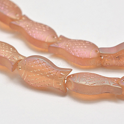 Frosted Electroplate Glass Fish Beads Strands, AB Color Plated, Salmon, 15x8x5mm, Hole: 1mm, about 30pcs/strand, 16 inch(X-EGLA-M001-A03)