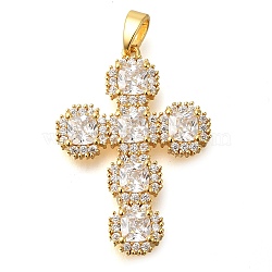 Brass Pave Clear Cubic Zirconia Pendants, Cross, Real 16K Gold Plated, 29.5x21x3.5mm, Hole: 3mm(KK-M101-05G-02)