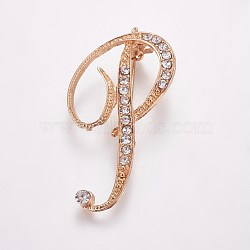 Alloy Brooches, with Rhinestone, Letter, Letter.P, Golden, 49x29x4mm, Pin: 1mm(JEWB-WH0005-01P-G)