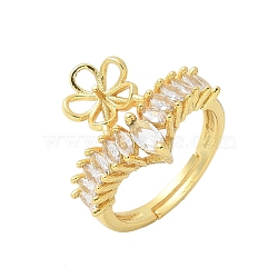 Flower Brass Micro Pave Cubic Zirconia Adjustable Ring Settings, for Half Drilled Beads, Rack Plating, Long-Lasting Plated, Lead Free & Cadmium Free, Golden, Inner Diameter: 17.2mm, Tray: 7.5mm, Pin: 3x0.8mm(KK-K297-10G)