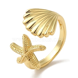 Starfish & Shell Shape Rack Plating Brass Open Cuff Finger Rings for Women, Long-Lasting Plated, Lead Free & Cadmium Free, Real 18K Gold Plated, Inner Diameter: 15.5mm(RJEW-L123-010G)