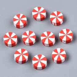 Handmade Polymer Clay Beads, Flat Round, Orange Red, 9~10x4mm, Hole: 1.6mm(CLAY-N011-019A)