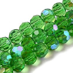 Electroplate Transparent Glass Beads Strands, Faceted, Round, Rainbow Plated, Green, 8mm, Hole: 1mm, about 66~69pcs/strand, 19.29~19.57 inch(49~49.7cm)(EGLA-A035-T8mm-L11)