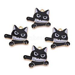 Light Gold Tone Alloy Enamel Pendants, Cat and Knife, Black, 24x27x1.5mm, Hole: 2mm(ENAM-N056-188A)