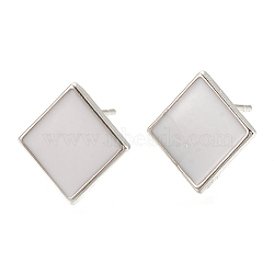 Brass Stud Earring Findings, with Loop, Enamel, Rhombus, Nickel Free, Real Platinum Plated, Creamy White, 14x14mm, Hole: 1.2mm, pin: 0.7mm(KK-S345-266B-P)