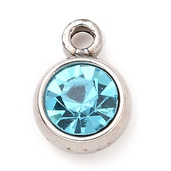 304 Stainless Steel Charms, with Acrylic Rhinestone, Birthstone Charms, Faceted, Flat Round, Stainless Steel Color, Aquamarine, 8.2x6x3.5mm, Hole: 1.2mm