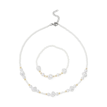 ABS Plastic Imitation Pearl Beaded Stretch Bracelet & Beaded Necklace, Jewelry Set for Women, White, 15-1/2 inch(39.5cm), Inner Diameter: 2-1/4 inch(5.7cm), 2Pcs/set