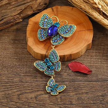 Creative Long Alloy Triple Butterfly Brooch, Rhinestone Retro Insect Brooch, for Ceremony Banquet Suit Accessory, Sapphire, 110x52mm