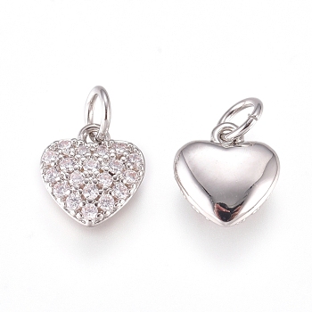 Brass Charms, with Micro Pave Cubic Zirconia and Jump Rings, Heart, Clear, Platinum, 7.5x7x2.5mm, Hole: 2.5mm