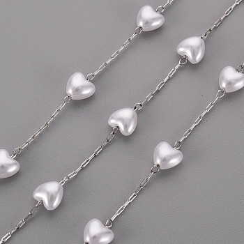 Handmade ABS Plastic Imitation Pearl Beaded Chains, with 304 Stainless Steel Paperclip Chains, Drawn Elongated Cable Chains and Spool, Soldered, Heart, Stainless Steel Color, Link: 2.5x1x0.2mm, Heart: 6x6x4mm, about 65.61 Feet(20m)/roll
