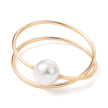 Brass Wire Wrap Criss Cross Finger Ring, Shell Pearl Ring, Light Gold, US Size 8 1/4(18.3mm)