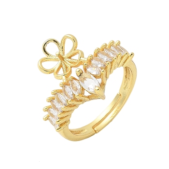 Flower Brass Micro Pave Cubic Zirconia Adjustable Ring Settings, for Half Drilled Beads, Rack Plating, Long-Lasting Plated, Lead Free & Cadmium Free, Golden, Inner Diameter: 17.2mm, Tray: 7.5mm, Pin: 3x0.8mm