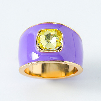 Zinc Alloy Enamel Glass Finger Rings, Square, Golden, Medium Purple, US Size 7(17.3mm)