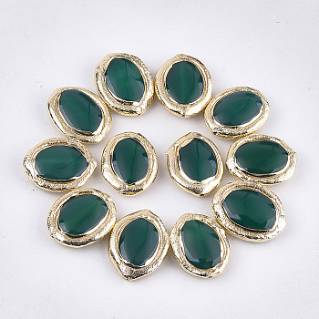 Natural Agate Beads, with Electroplate Polymer Clay, Dyed, Oval, Dark Green, 21~22x17~18x6.5~7mm, Hole: 1~1.2mm