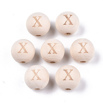 Unfinished Natural Wood European Beads, Large Hole Beads, Laser Engraved Pattern, Round with Word, Letter.X, 15~16x14~15mm, Hole: 4mm