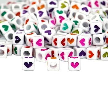 White Opaque Acrylic Beads, Cube with Mixed Color Heart Pattern, 7x7mm, Hole: 4mm